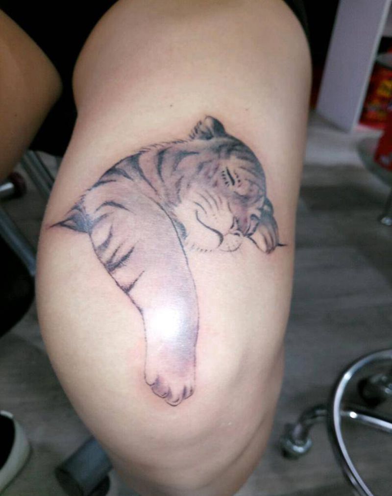 小老虎纹身图片_腿部清新写实动物成品纹身图案