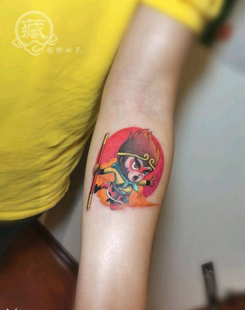 悟空纹身图片_手臂手部水彩孙悟空卡通动漫纹身图案