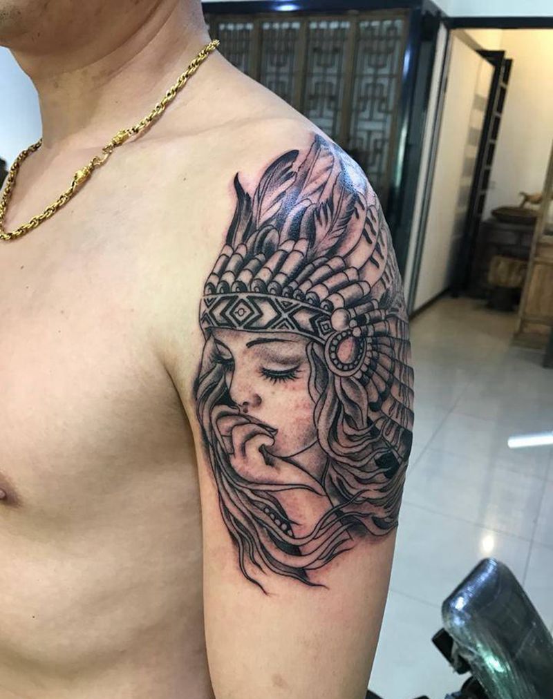 印第安人头像纹身图片_成品手臂人物纹身图案