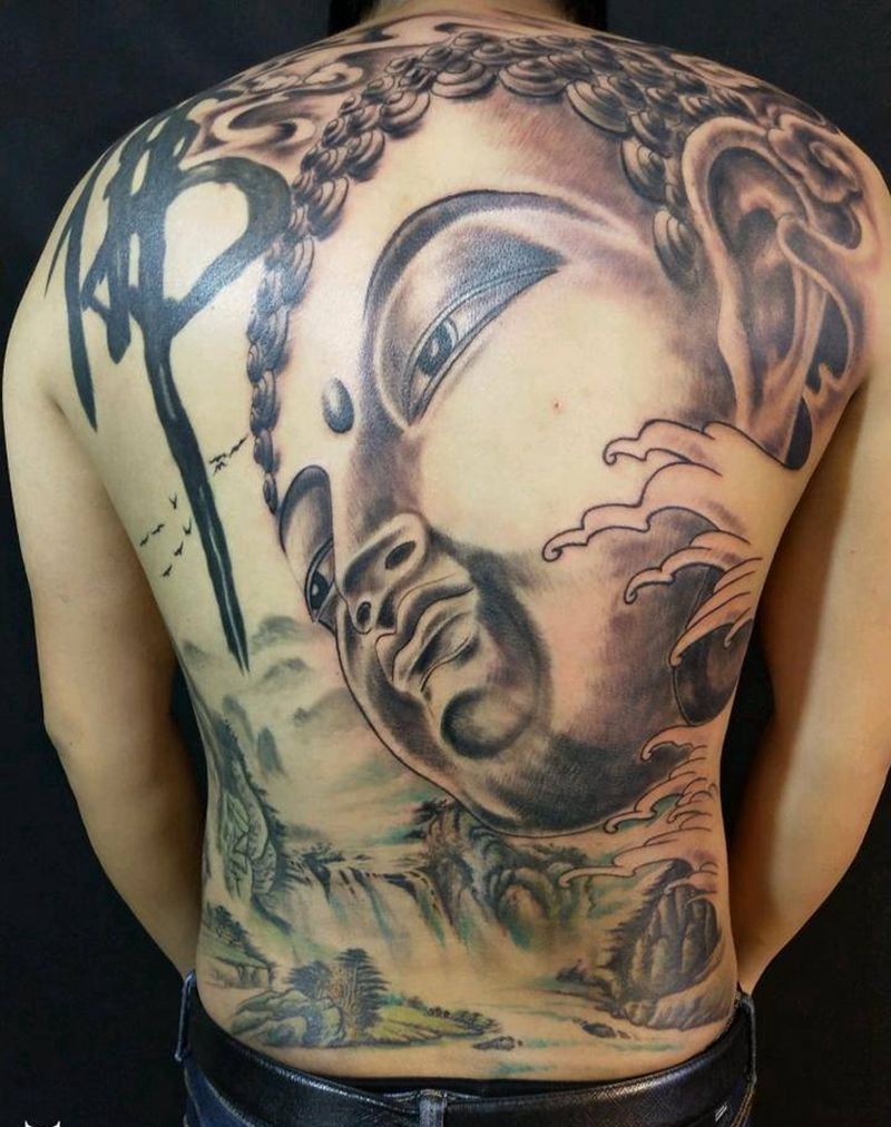 山水佛头纹身图片_背部传统鬼神宗教成品手稿纹身图案