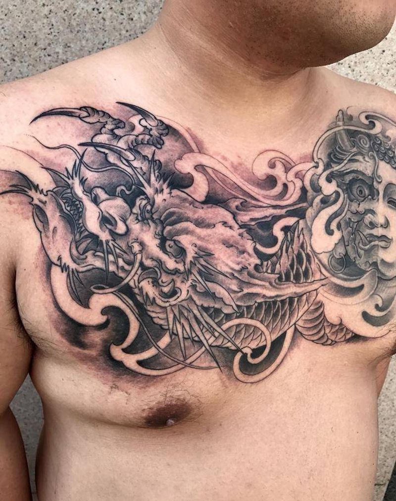 花胸纹身图片_成品胸部传统鬼神人物原创纹身图案