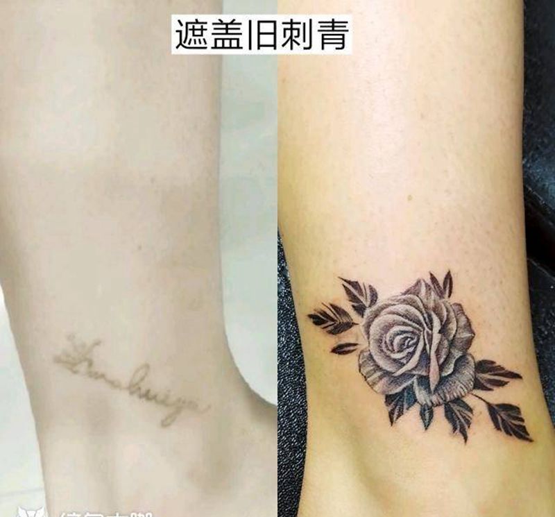 玫瑰遮盖旧字母纹身图片_脚部新传统点刺纹身图案