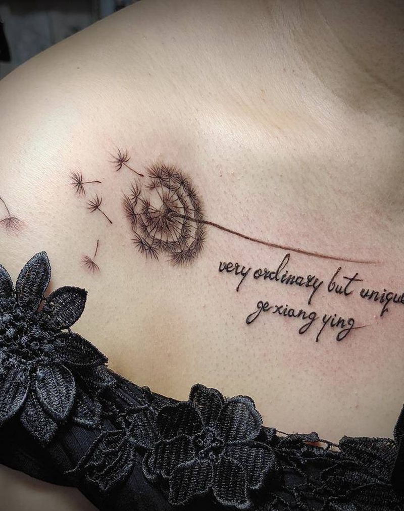 清新锁骨纹身纹身图片_胸部点刺蒲公英素花纹身图案