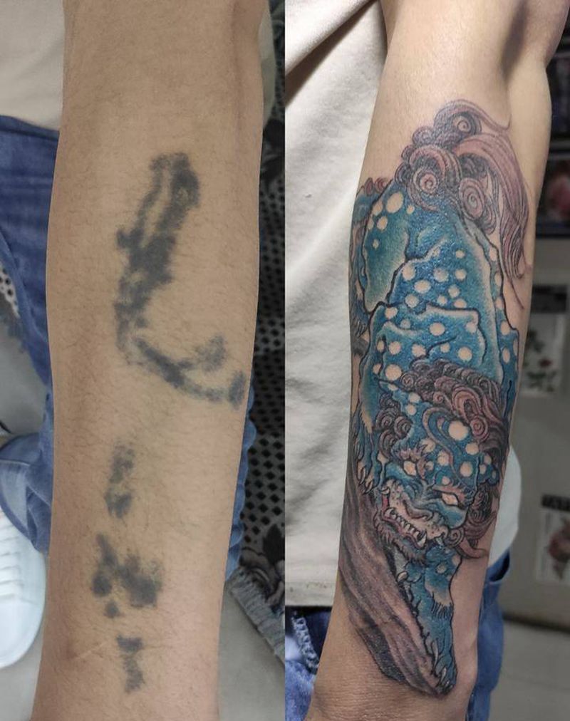 遮盖旧刺青，纹身图片_手臂新传统唐狮子遮盖纹身图案