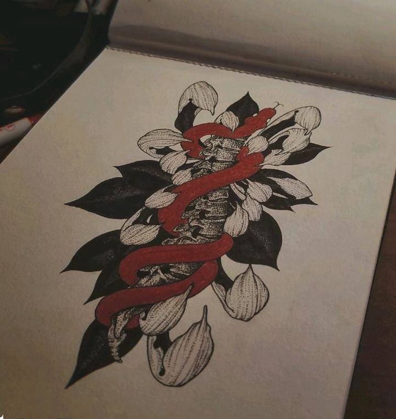 原创手稿纹身图片_手臂腰部New School点刺蛇脊椎菊花纹身图案