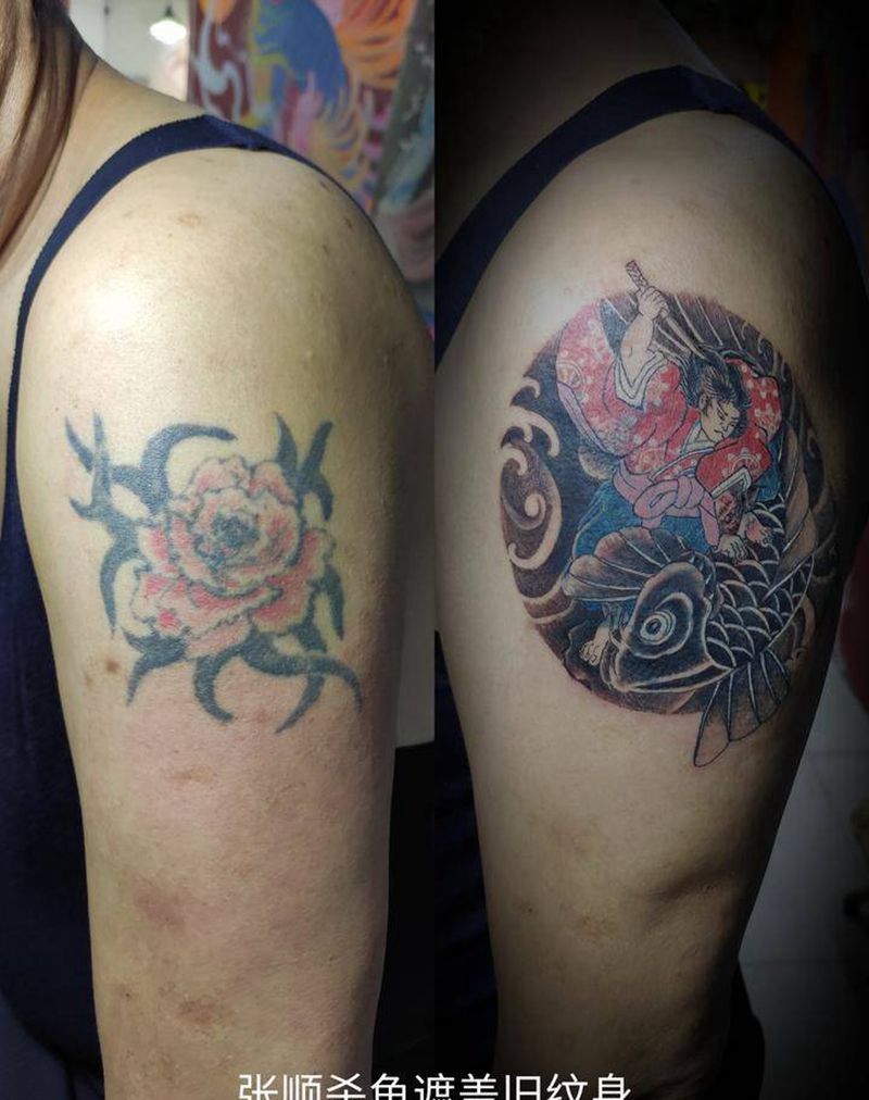 张顺杀鱼遮盖旧纹身纹身图片_手臂新传统老传统微雕老传统纹身图案
