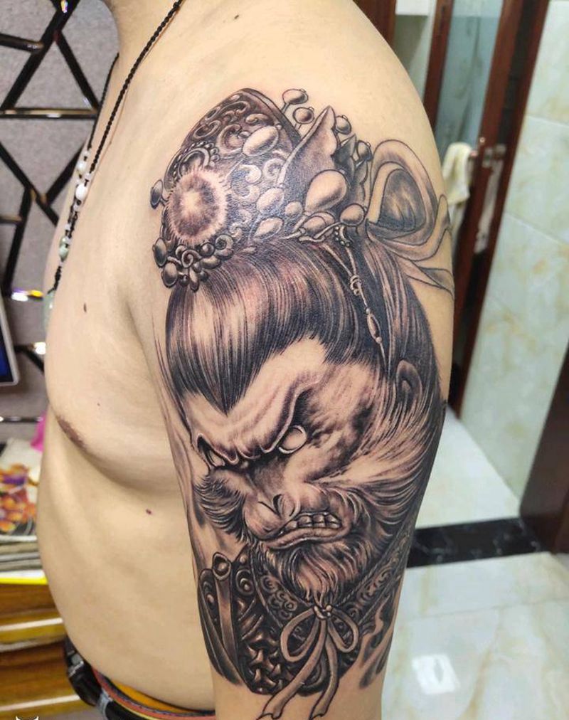 行者纹身图片_手臂肩部老传统纹身图案