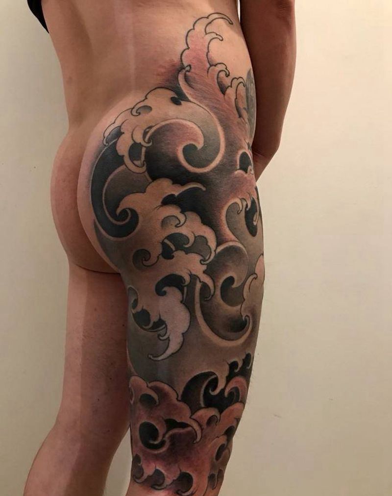 浪腿纹身图片_成品腿部传统原创纹身图案