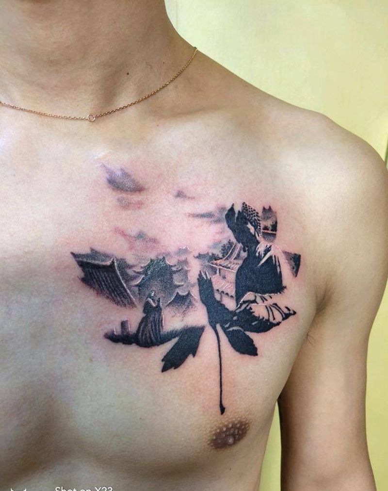 大日如来佛纹身图片_胸部手臂新传统点刺纹身图案