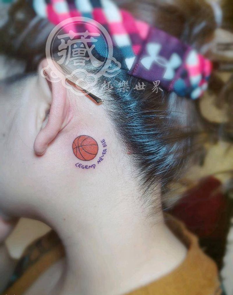 纪念科比纹身图片_颈部New School水彩篮球 英文小清新纹身图案