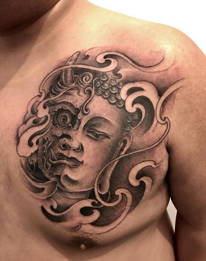 佛与魔纹身图片_成品手稿胸部传统人物原创纹身图案