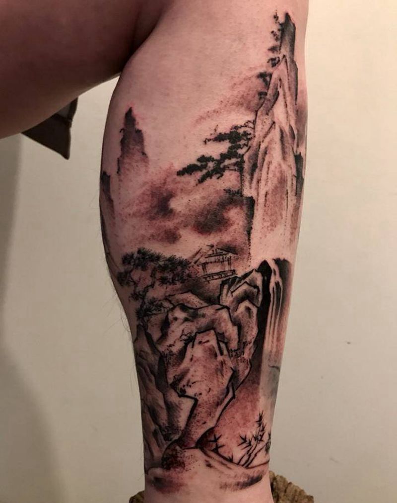 山水纹身图片_腿部新传统纹身图案