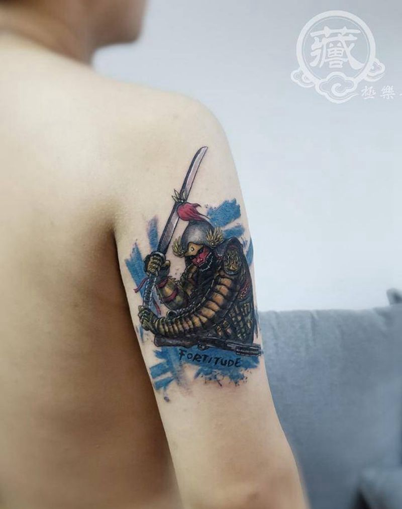明代武士纹身图片_手臂水墨水彩武士水彩枪纹身图案