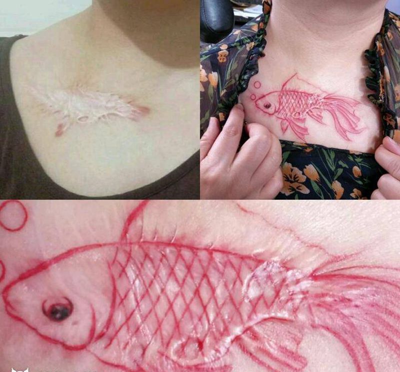 疤痕体质/美化疤痕的纹身纹身图片_胸部清新动物美化疤痕遮盖疤痕成品纹身图案