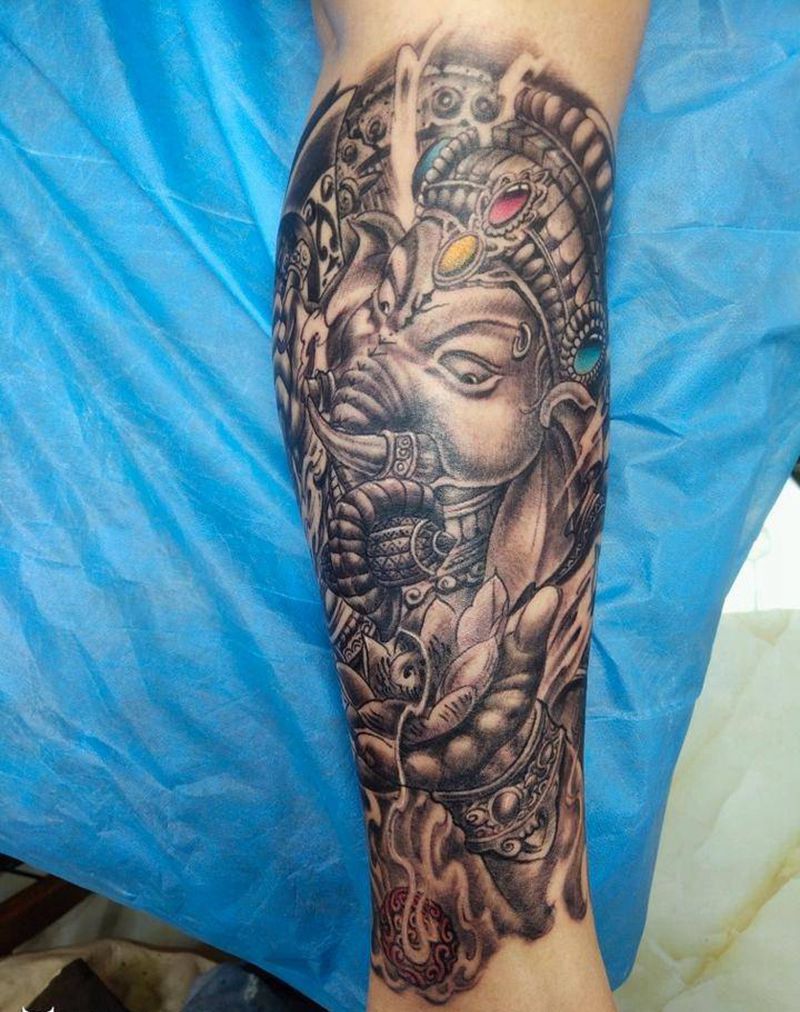 象神纹身图片_腿部新传统纹身图案