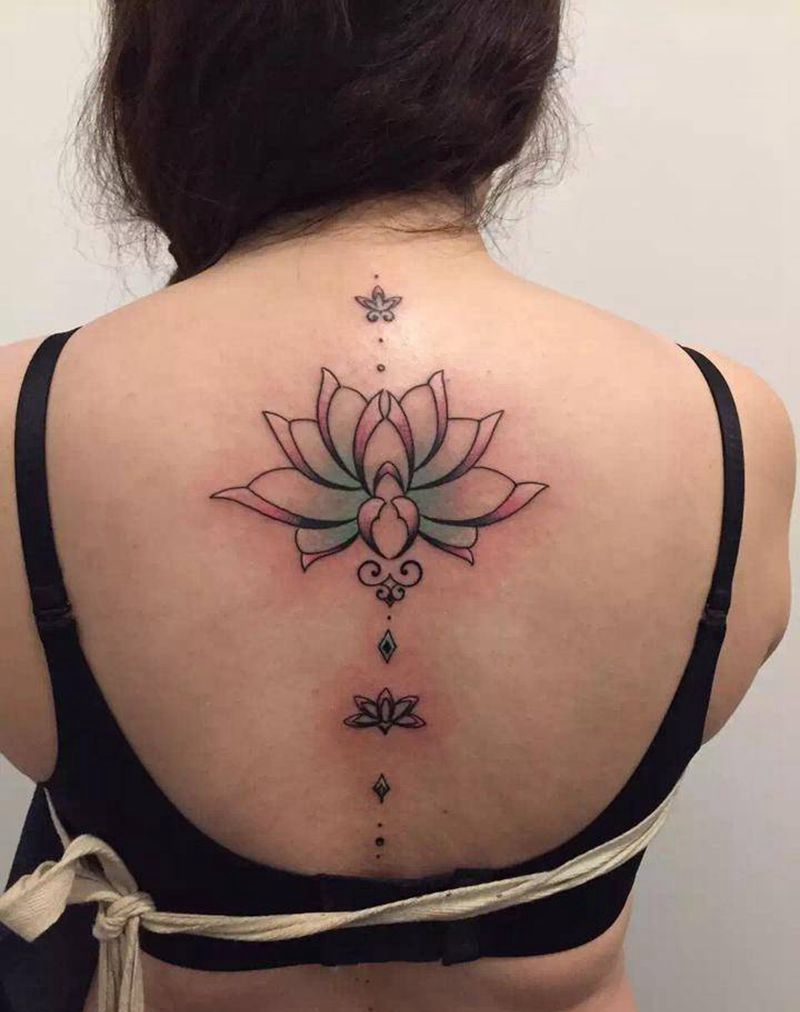 莲花纹身图片_成品背部传统清新植物宗教纹身图案