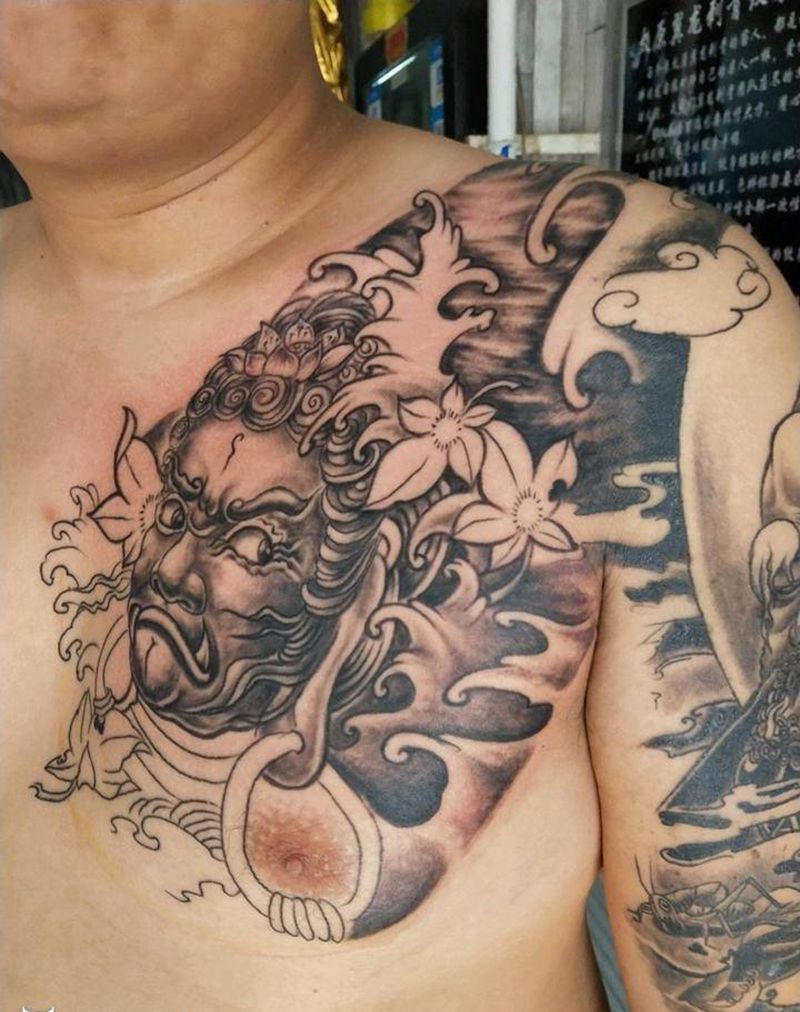 禅纹身图片_胸部手臂传统肖像人物鬼神成品手稿纹身图案