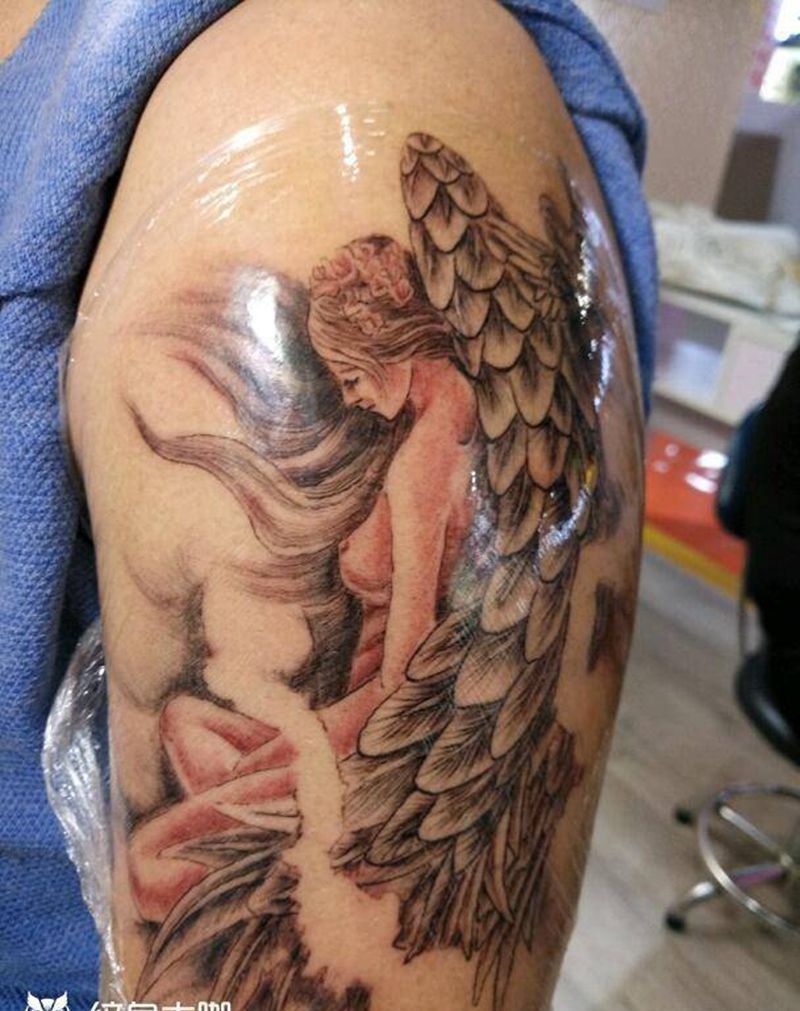 小天使纹身图片_手臂清新人物成品纹身图案