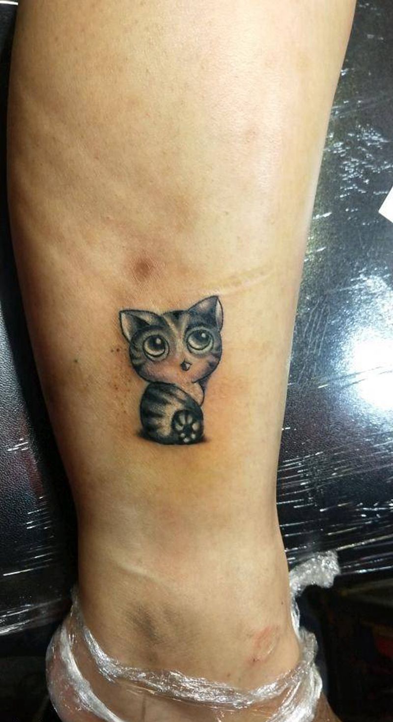 小猫咪纹身图片_腿部脚部传统动物成品手稿纹身图案