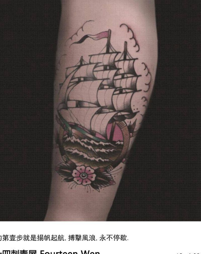 帆船纹身图片_腿部Old School纹身图案