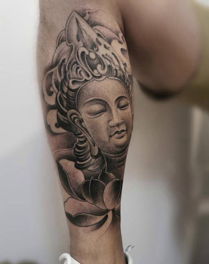 文殊菩萨纹身图片_腿部新传统纹身图案