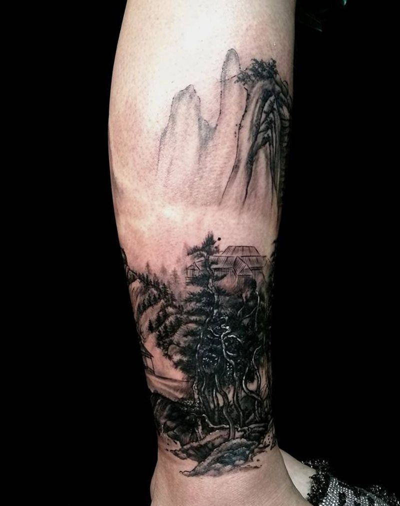 山水纹身图片_腿部新传统水墨纹身图案