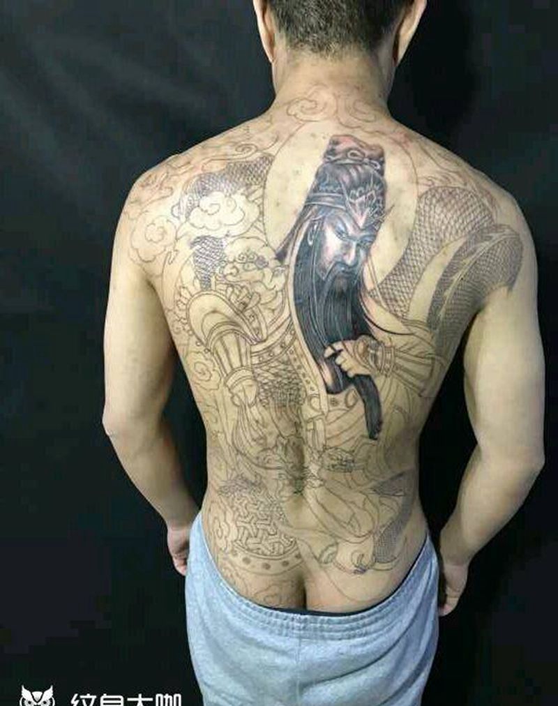驭龙吐月3纹身图片_肩部背部传统肖像动物人物鬼神成品手稿纹身图案