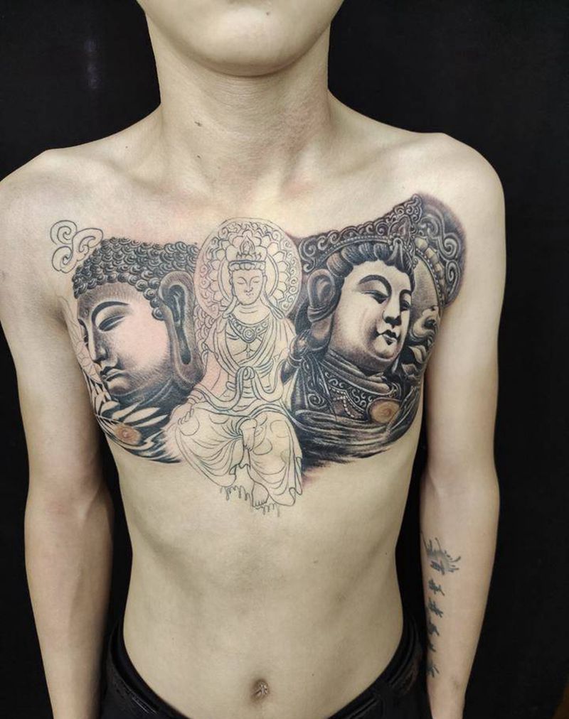 三面佛未完成纹身图片_胸部新传统纹身图案