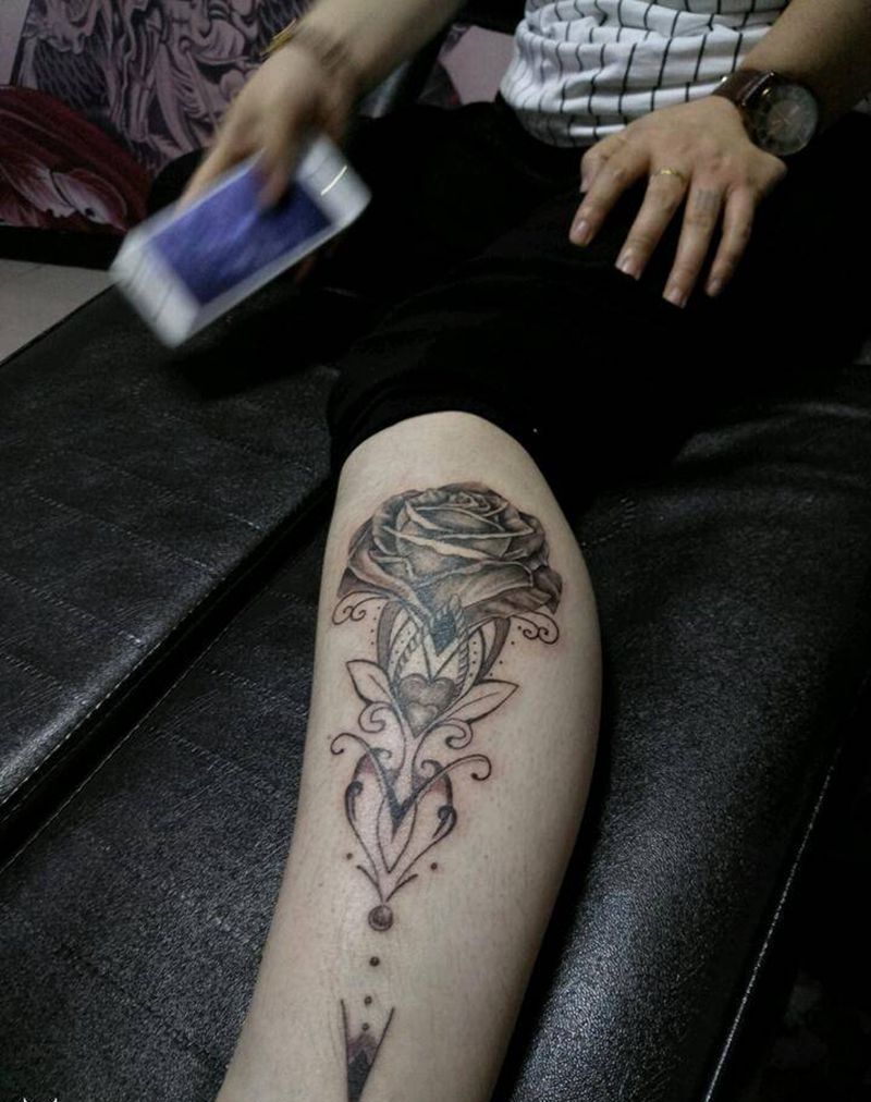 小腿纹身纹身图片_腿部清新几何植物成品纹身图案