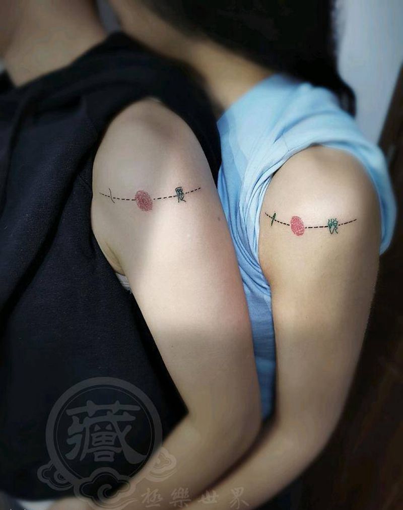 情侣纹身纹身图片_肩部手臂几何花体字摩斯密码指纹篆书纹身图案