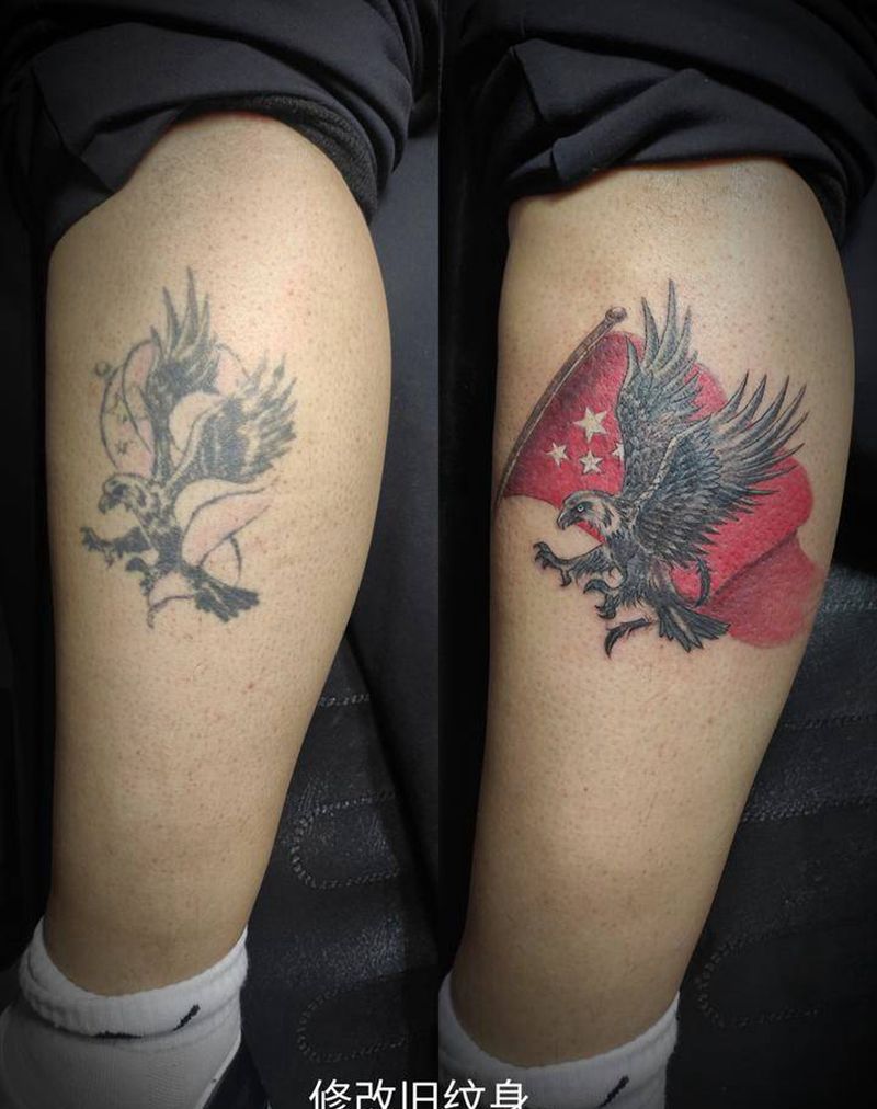修改老鹰纹身图片_腿部New School纹身图案
