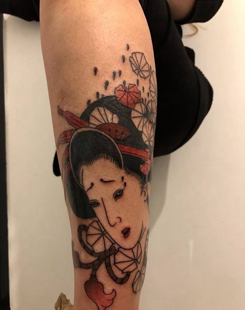 艺妓纹身图片_成品腿部传统人物鬼神纹身图案