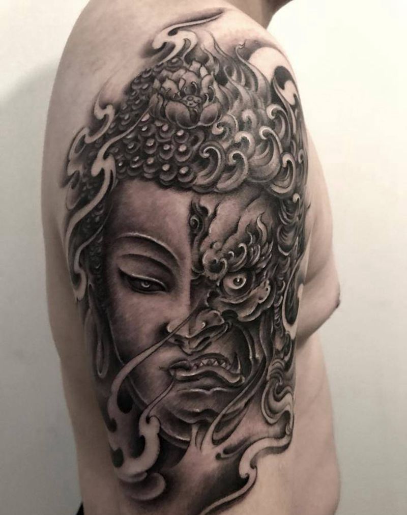 佛魔一念间纹身图片_手臂新传统纹身图案