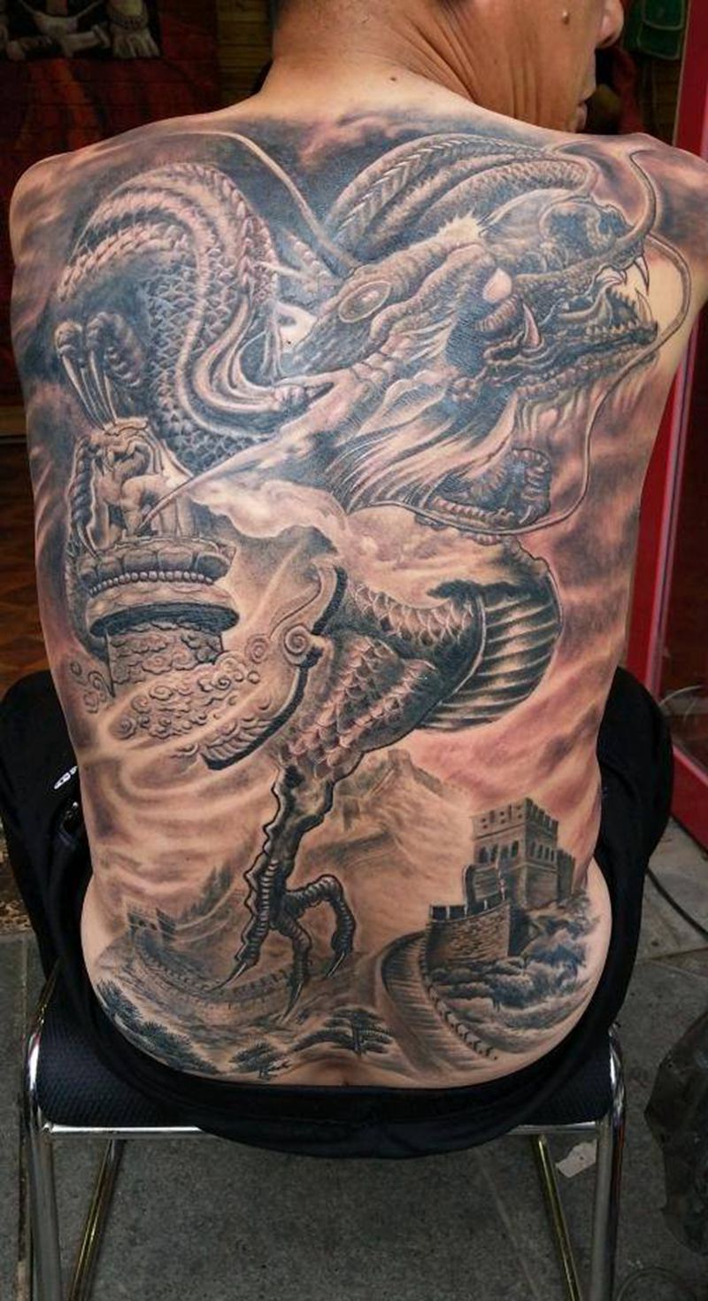 龙佑华夏纹身图片_背部传统植物静物成品手稿插画纹身图案