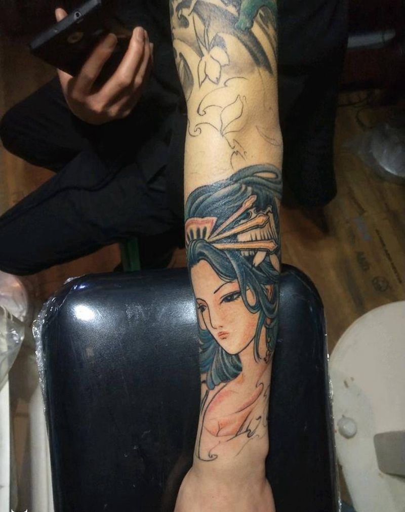 艺妓班若花臂纹身图片_肩部手臂手部传统人物植物鬼神成品手稿纹身图案