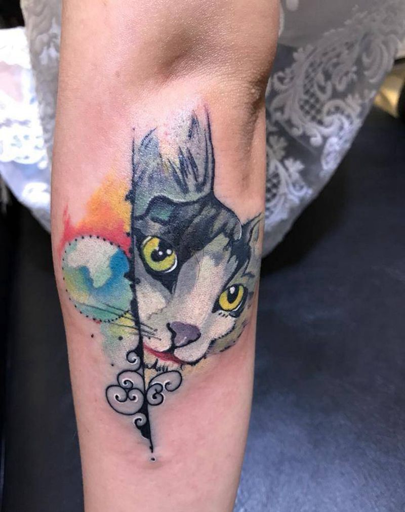 猫纹身图片_成品手臂动物纹身图案