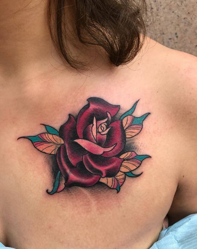 玫瑰花遮盖纹身图片_成品胸部传统植物纹身图案