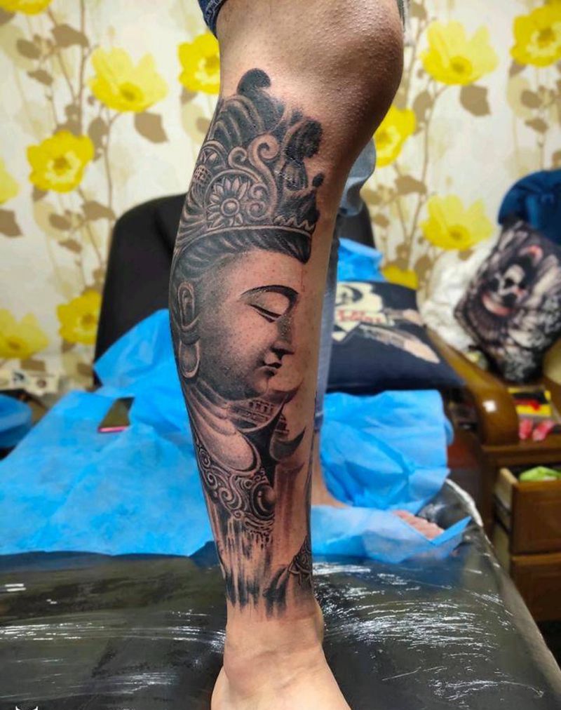 菩萨纹身图片_腿部新传统纹身图案