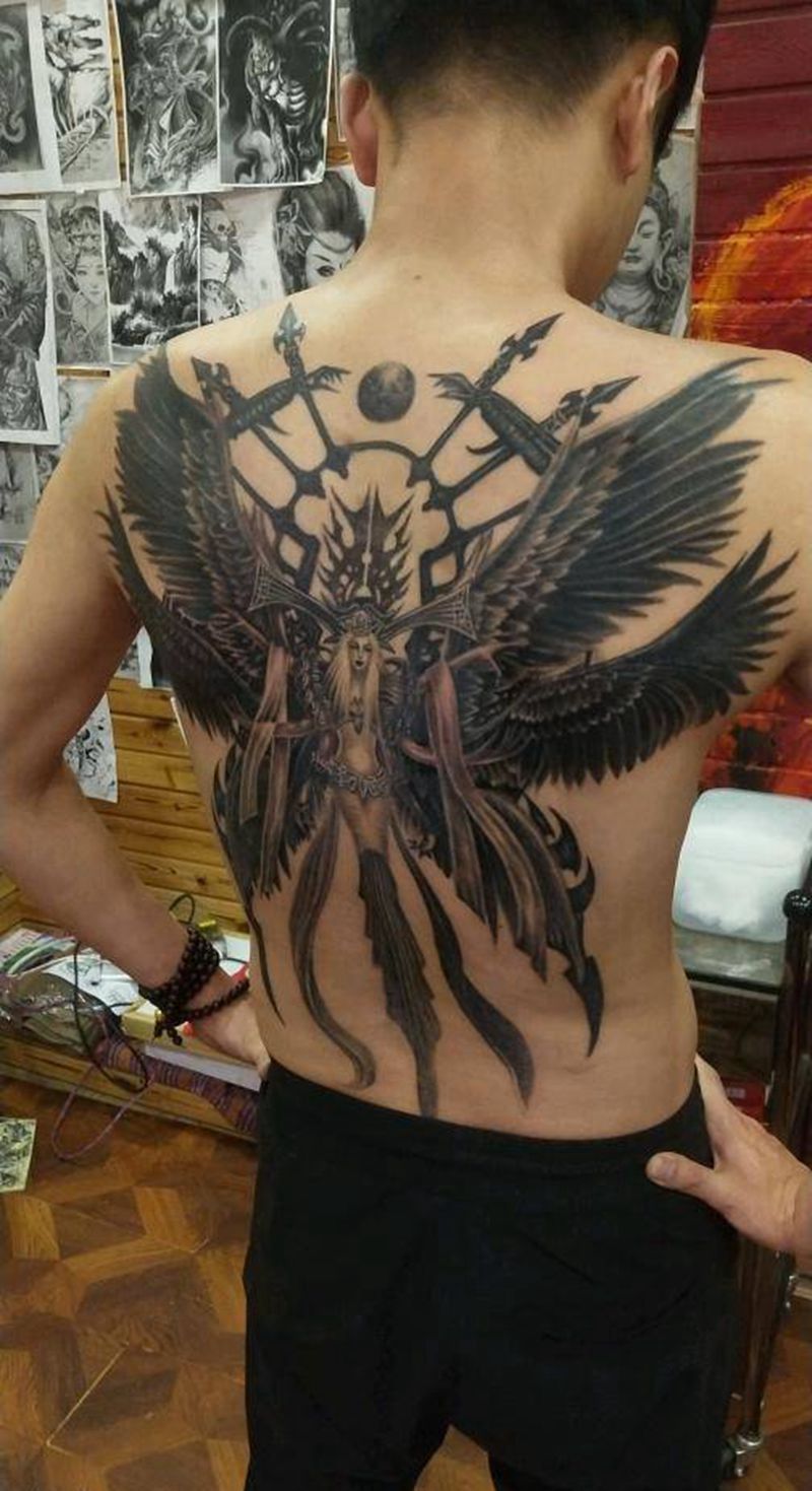 六翼天使纹身图片_背部人物成品手稿插画纹身图案