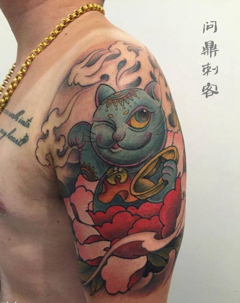 招财猫纹身图片_成品手臂传统动物鬼神原创纹身图案