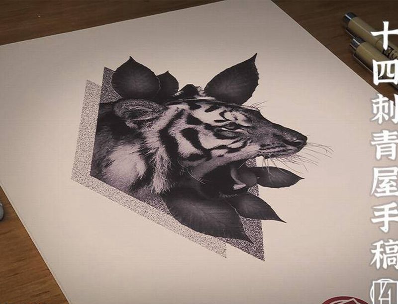 手稿老虎纹身图片_点刺欧美写实纹身图案
