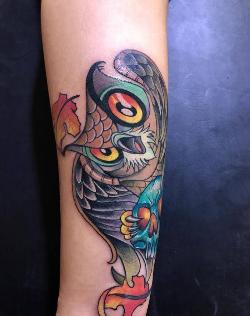 猫头鹰纹身图片_成品手臂传统动物纹身图案
