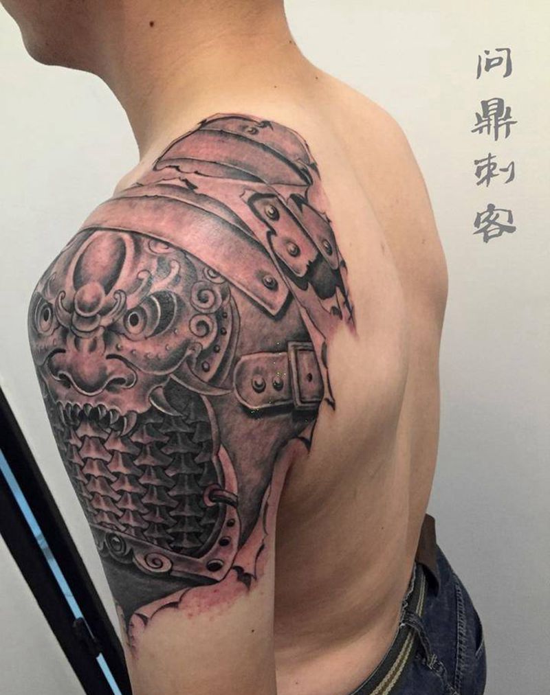 铠甲 半甲纹身图片_成品肩部欧美鬼神纹身图案