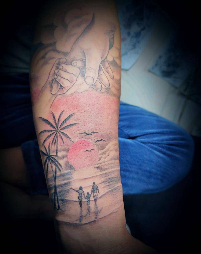 海滩日出纹身图片_手臂新传统纹身图案