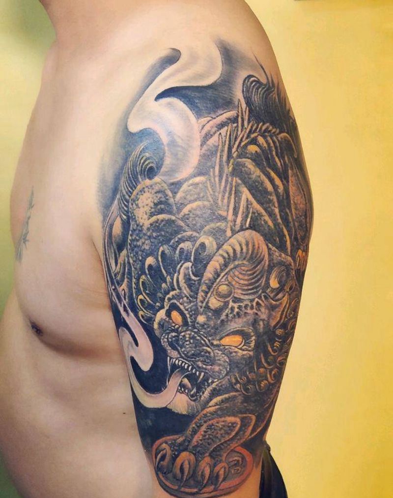 遮盖貔貅纹身图片_手臂肩部新传统纹身图案