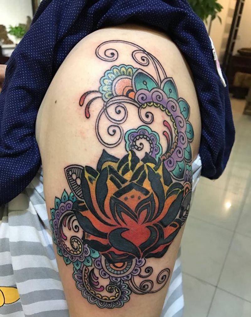 荷花修改添加纹身图片_成品手臂传统图腾原创植物纹身图案