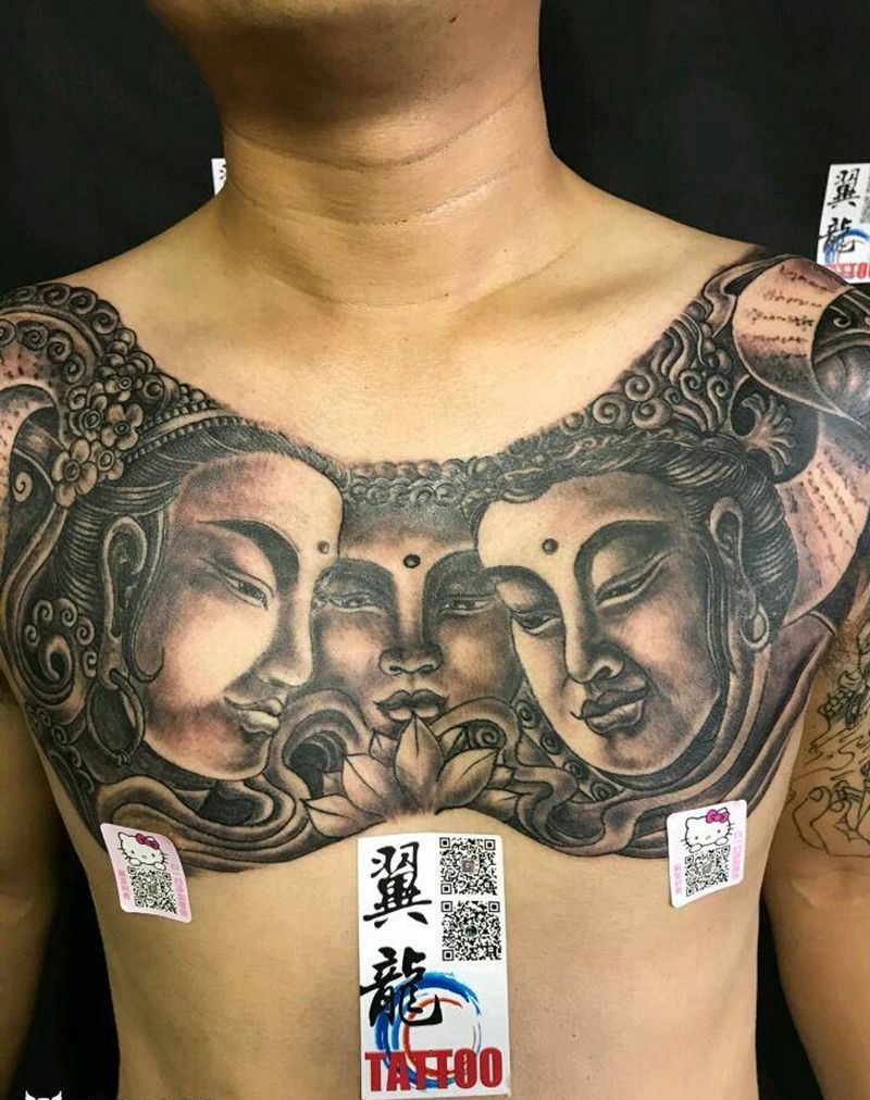 三面佛纹身图片_胸部传统人物鬼神成品手稿纹身图案