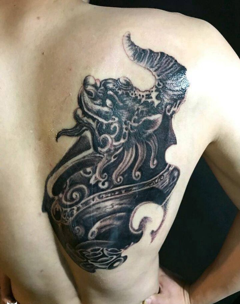 貔貅纹身图片_背部传统动物鬼神成品手稿纹身图案