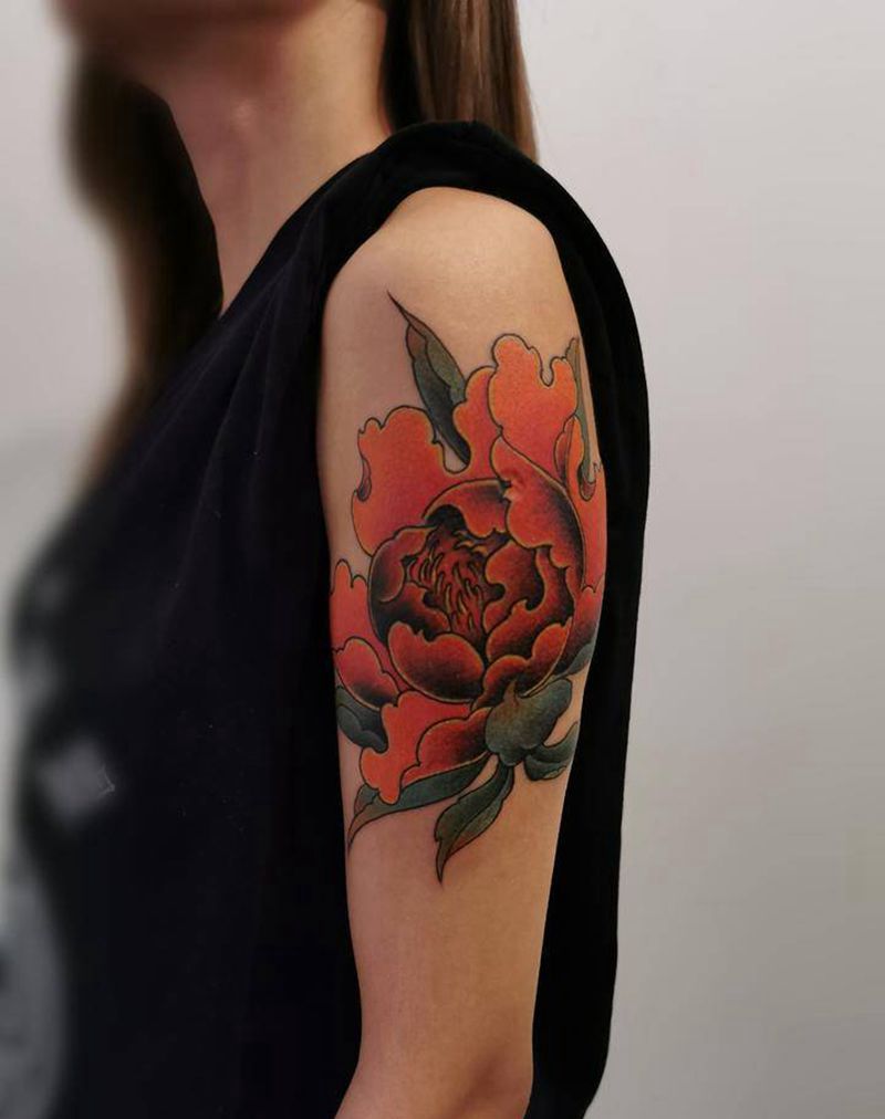 牡丹花纹身图片_手臂新传统纹身图案