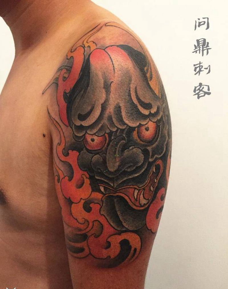般若遮盖纹身图片_肩部手臂传统鬼神纹身图案